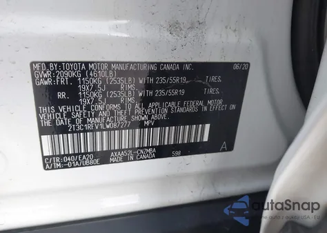 2020 Toyota Rav4 Xle Premium z USA, uszkodzony, nr VIN 2T3C1RFV1LW087277